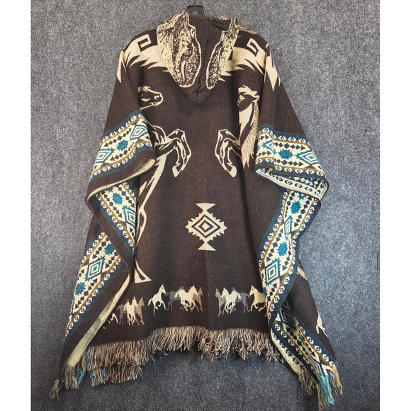 Southwestern Horse Hooded Poncho Blanket Shawl Fringe Cape Western Aztec Boho - Picture 8 of 16